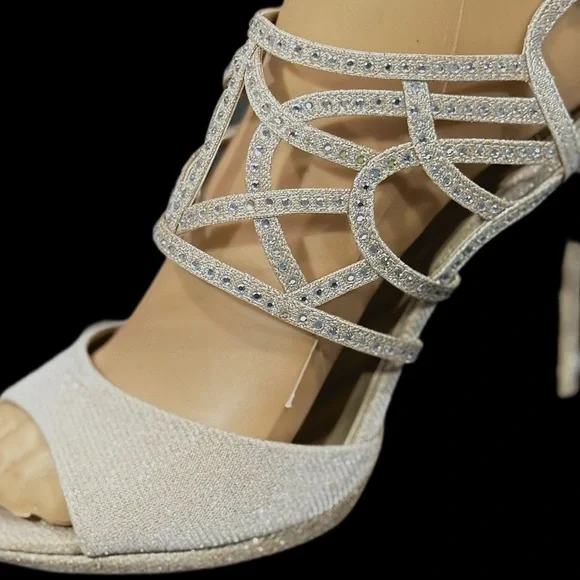 Caparros Gold Silver Rhinestone Open Toe Ankle Strap Strappy 4” Heels Size 7.5 - Picture 16 of 16